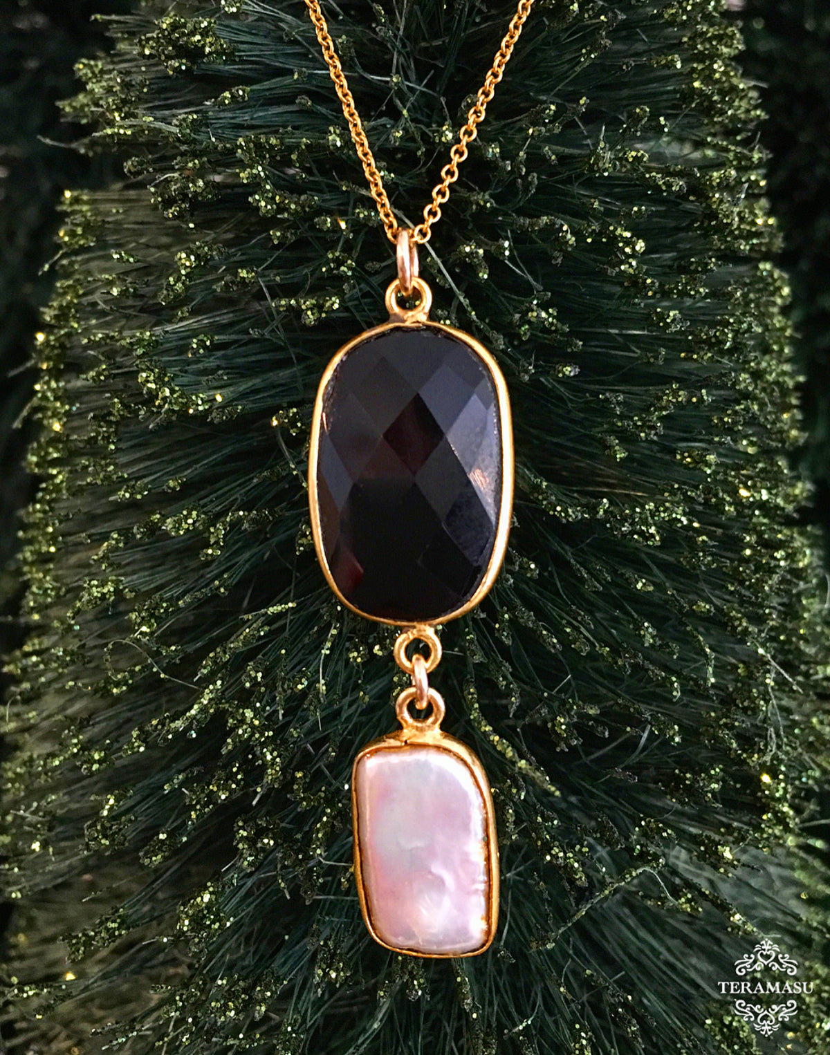"Want It" Wednesday: Gorgeously Classic & New, Handmade Designer Teramasu Black Onyx and Pearl Drop on Gold Chain Necklace