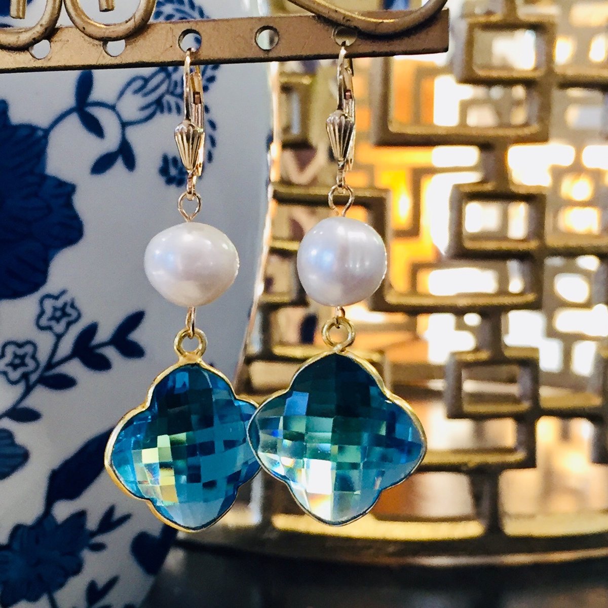 Monday Must-Have: Gorgeous & New Handmade Designer Teramasu Pearl Blue Crystal Clover Earrings