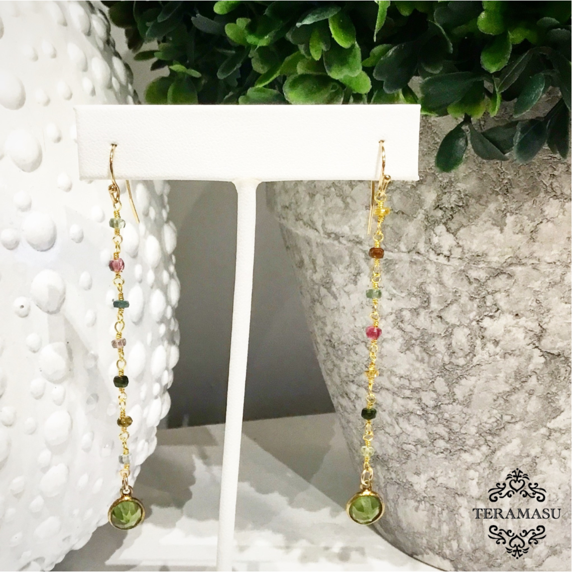 Chic Peek: One-of-a-Kind Handmade Teramasu Tourmaline and Peridot Drop Earrings