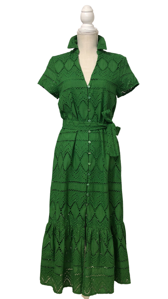 Beautiful Hunter Green Embroidered Short Sleeve Midi Ruffle Dress