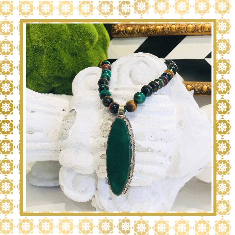 Green Agate Stone Pendant With  Multi Color Agate Beads One of a Kind  Necklace