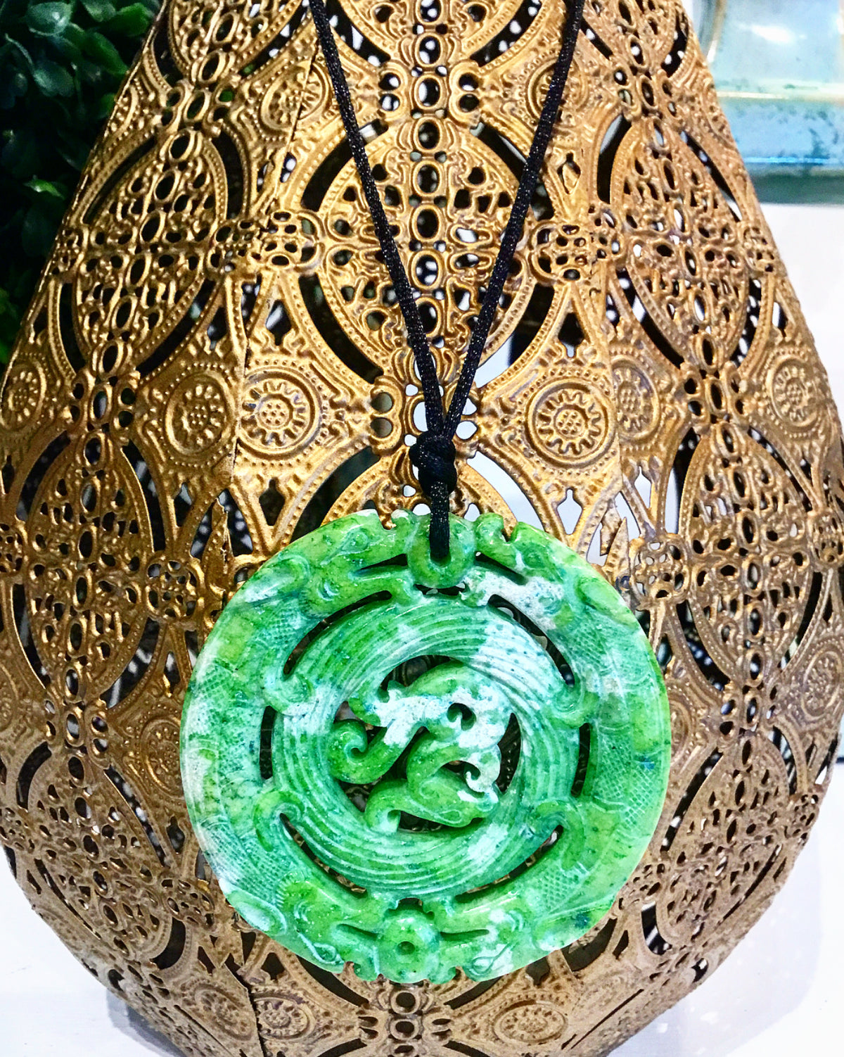 Friday Favorite: Gorgeous & New Teramasu Carved Green Jade Pendant on Black Silk Satin Necklace with Freshwater Pearl Toggle