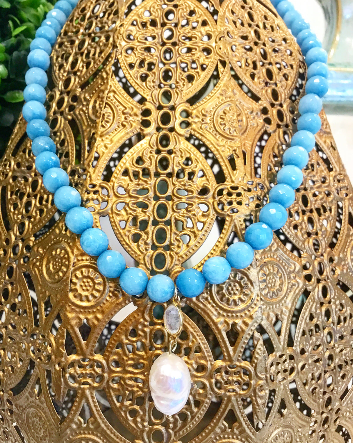 Saturday Stunner: The Gorgeous, New Teramasu Blue Faceted Jade Necklace With Baroque Pearl and Moonstone Pendant