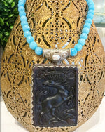 Friday Favorite: Gorgeous & New, Handmade Designer Teramasu Blue Faceted Jade Necklace with One-of-a-Kind Carved Black Horse Pendant and Pearl