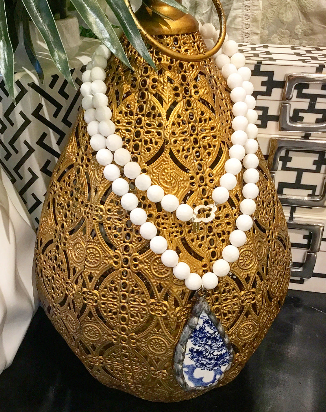 "Want It" Wednesday: Gorgeous & New, Handmade Designer Teramasu White Agate Necklace with One-of-a-Kind Blue & White Porcelain Pendant