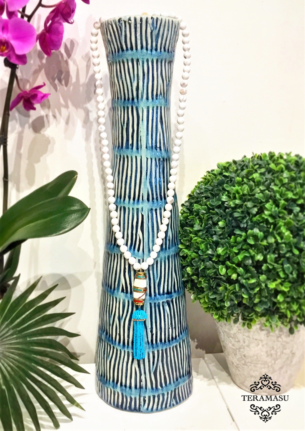 Saturday Stunner: Gorgeous Handmade, Designer Teramasu White Agate with One-of-a-Kind Bead and Turquoise Tassel Necklace
