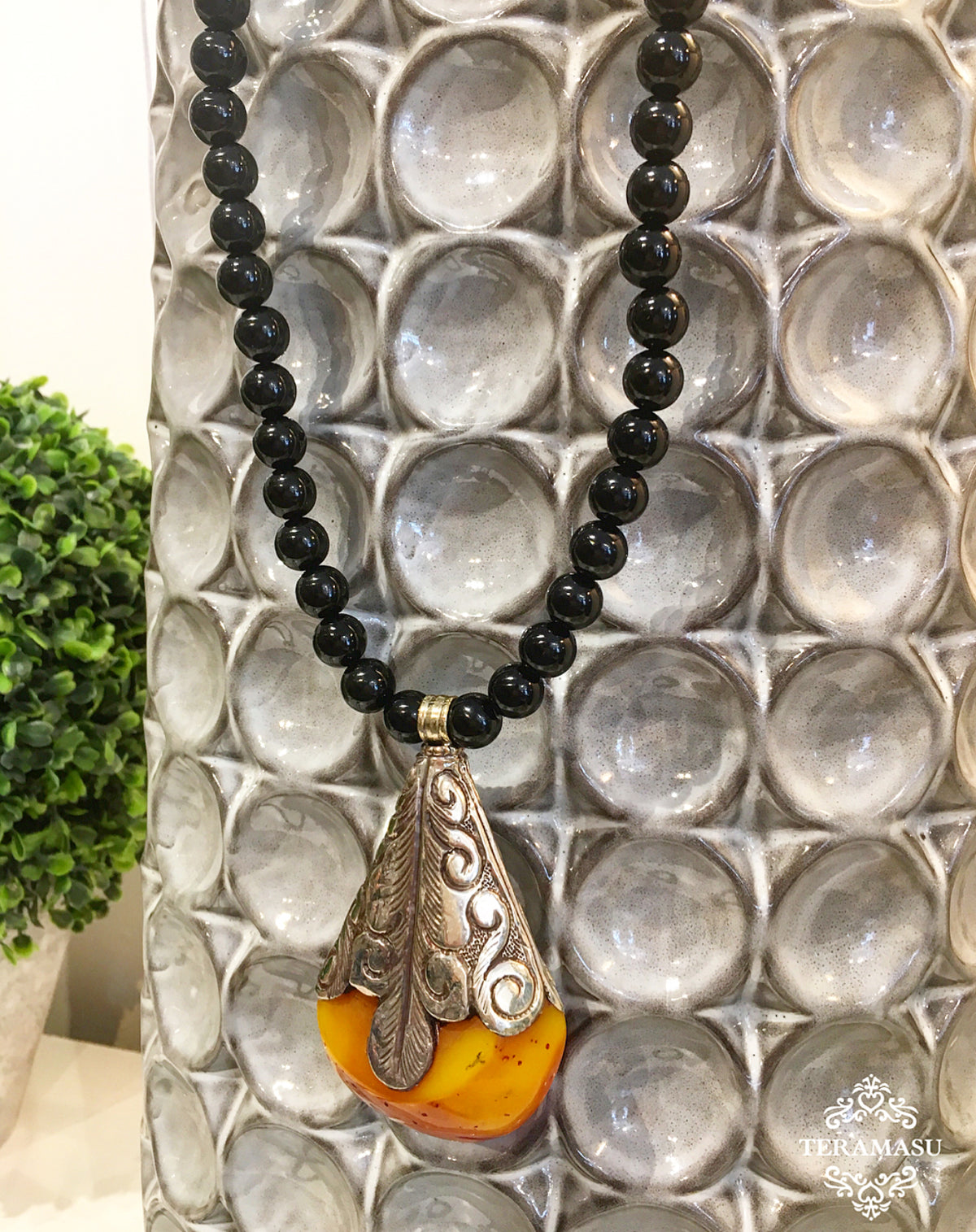 Living Ladylike: Gorgeous & New Handmade Designer Teramasu Black Onyx Necklace with One-of-a-Kind Silver and Amber Stone Pendant