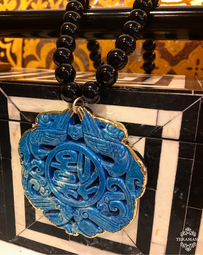 "Want It" Wednesday: Gorgeous & New, Handmade Designer Teramasu Black Onyx Necklace with Carved Blue Jade and Gold Trim Pendant