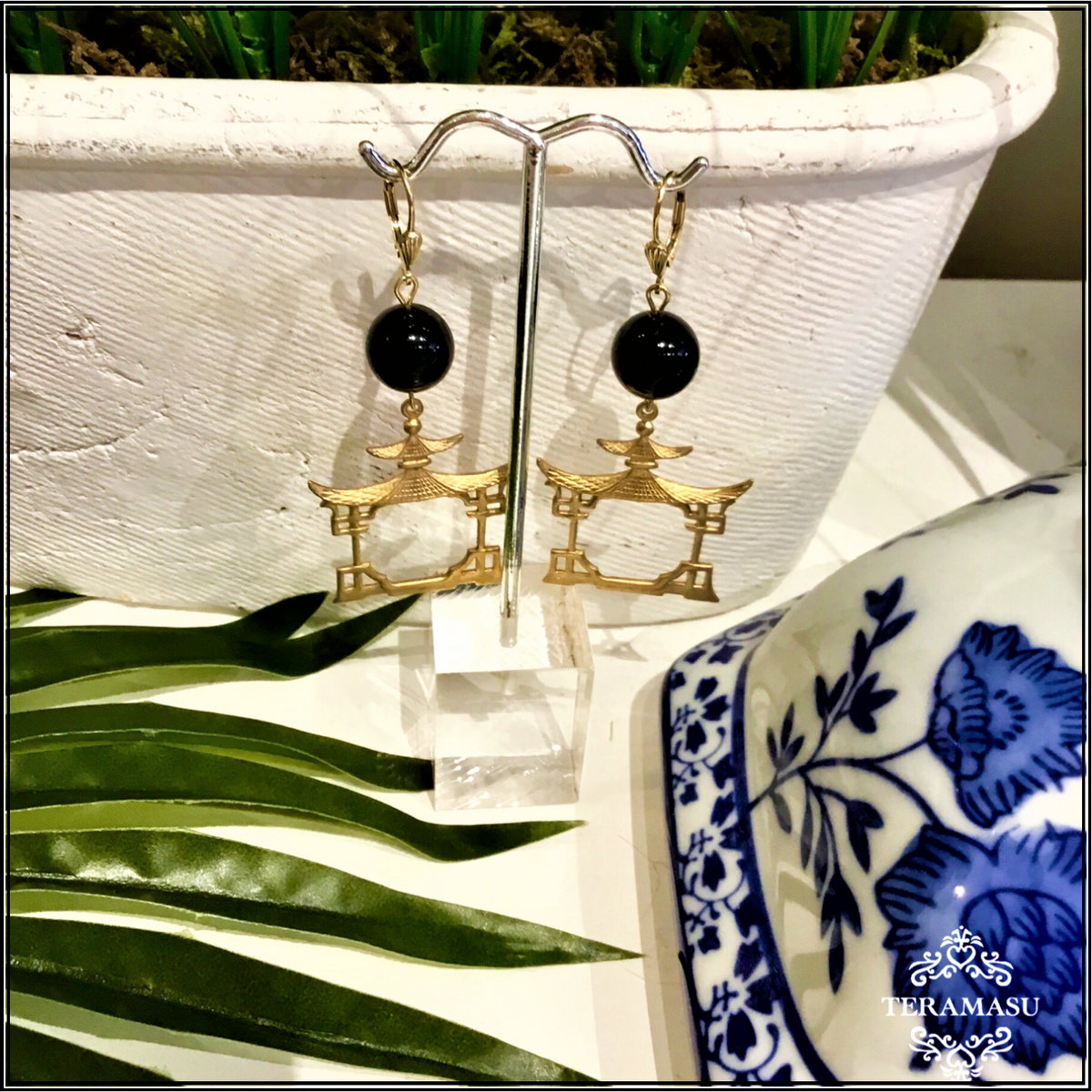 Saturday Stunner: Gorgeous Handmade, Designer Teramasu Black Onyx with Gold Pagoda Drop Earrings