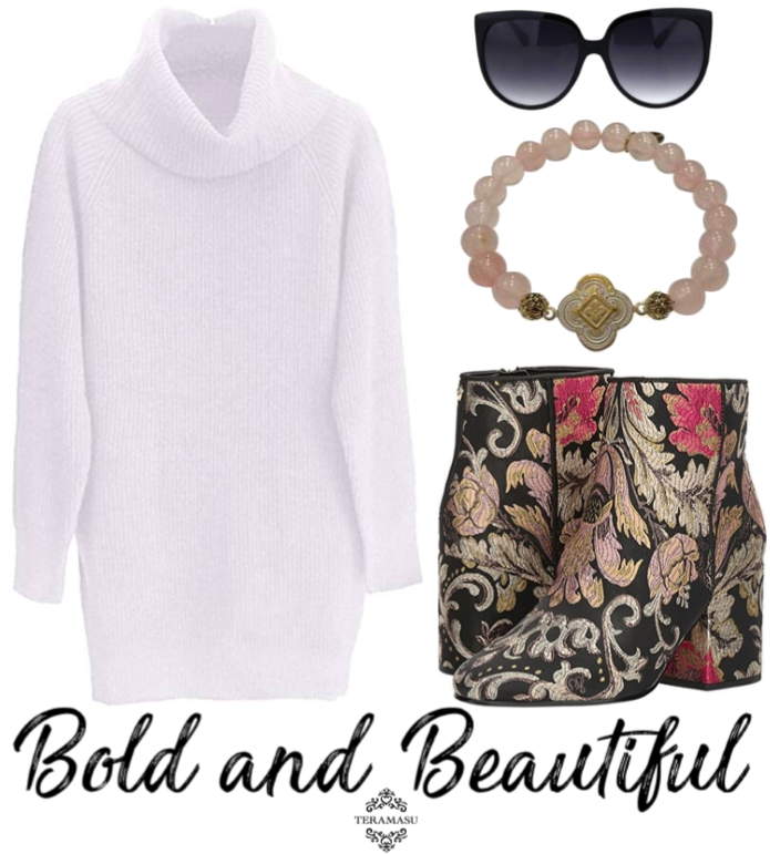 "Want It" Wednesday: Bold and Beautiful Outfit Inspiration Featuring Our Fabulous New Handmade Designer Teramasu Gratitude Bracelet in Rose Quartz