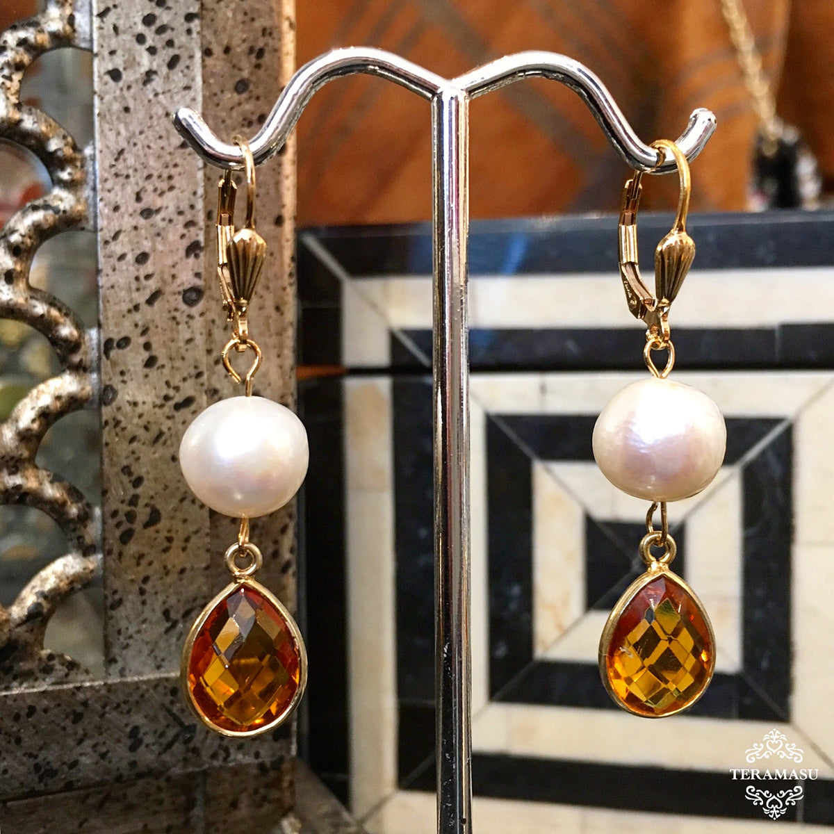 Saturday Stunner: Gorgeously Classic, Handmade Designer Teramasu Citrine and Freshwater Pearl Drop Earrings