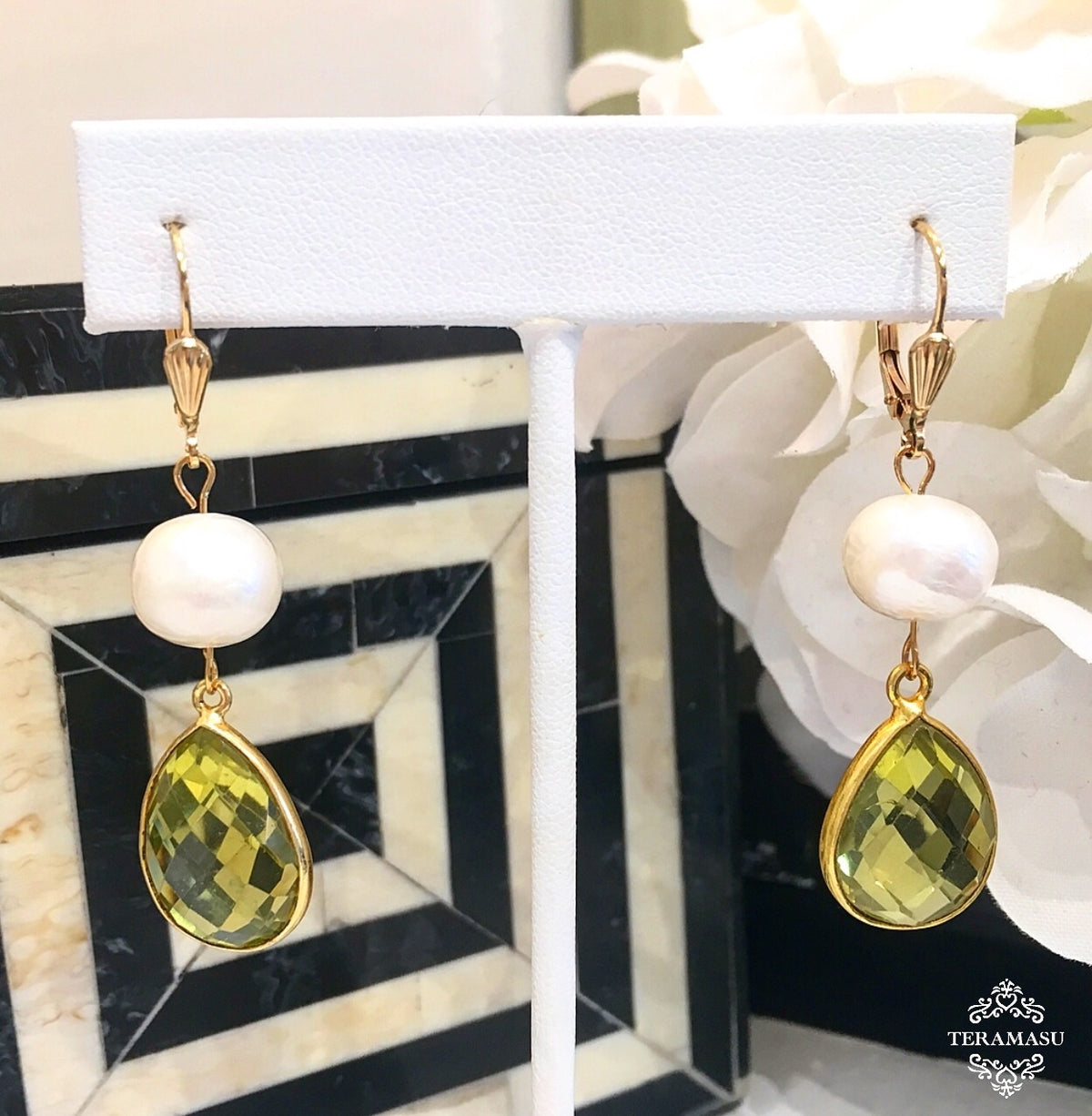 Chic Peek: Gorgeously Classic & New, Handmade Designer Teramasu Lemon Topaz and Freshwater Pearl Dangle Earrings