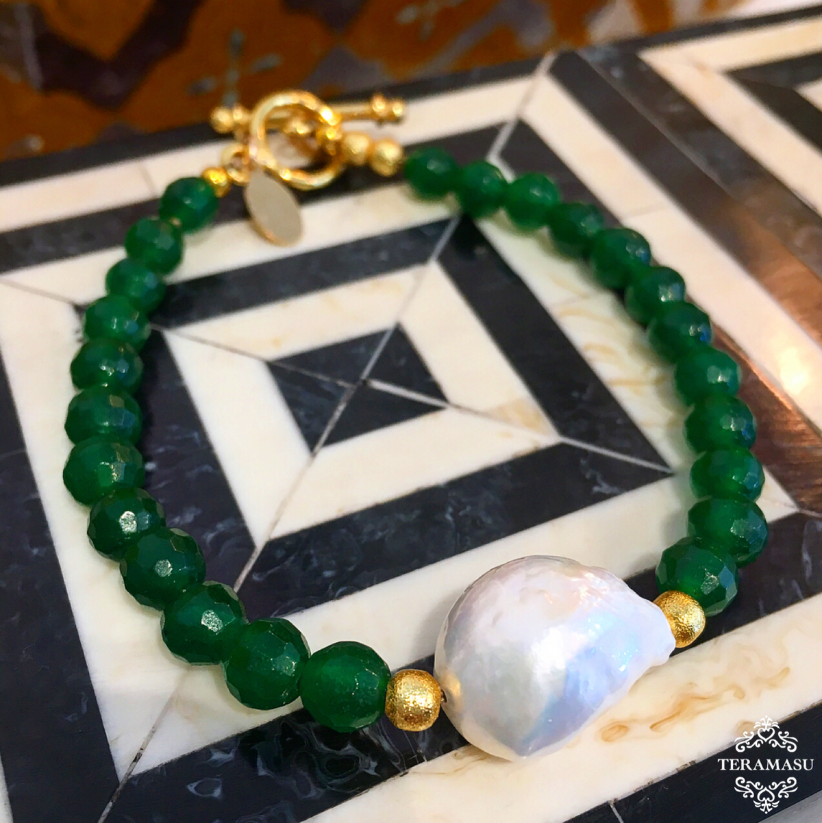 Must-Have Monday: Gorgeous & New, Handmade Designer Teramasu Faceted Green Agate and Gold Bead Bracelet with Baroque Pearl