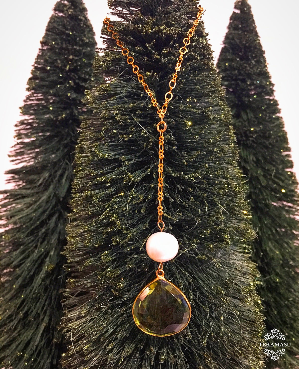 Friday Favorite: Gorgeous & New, Handmade Designer Teramasu Green Amethyst & Pearl Drop on Y Chain Gold Necklace
