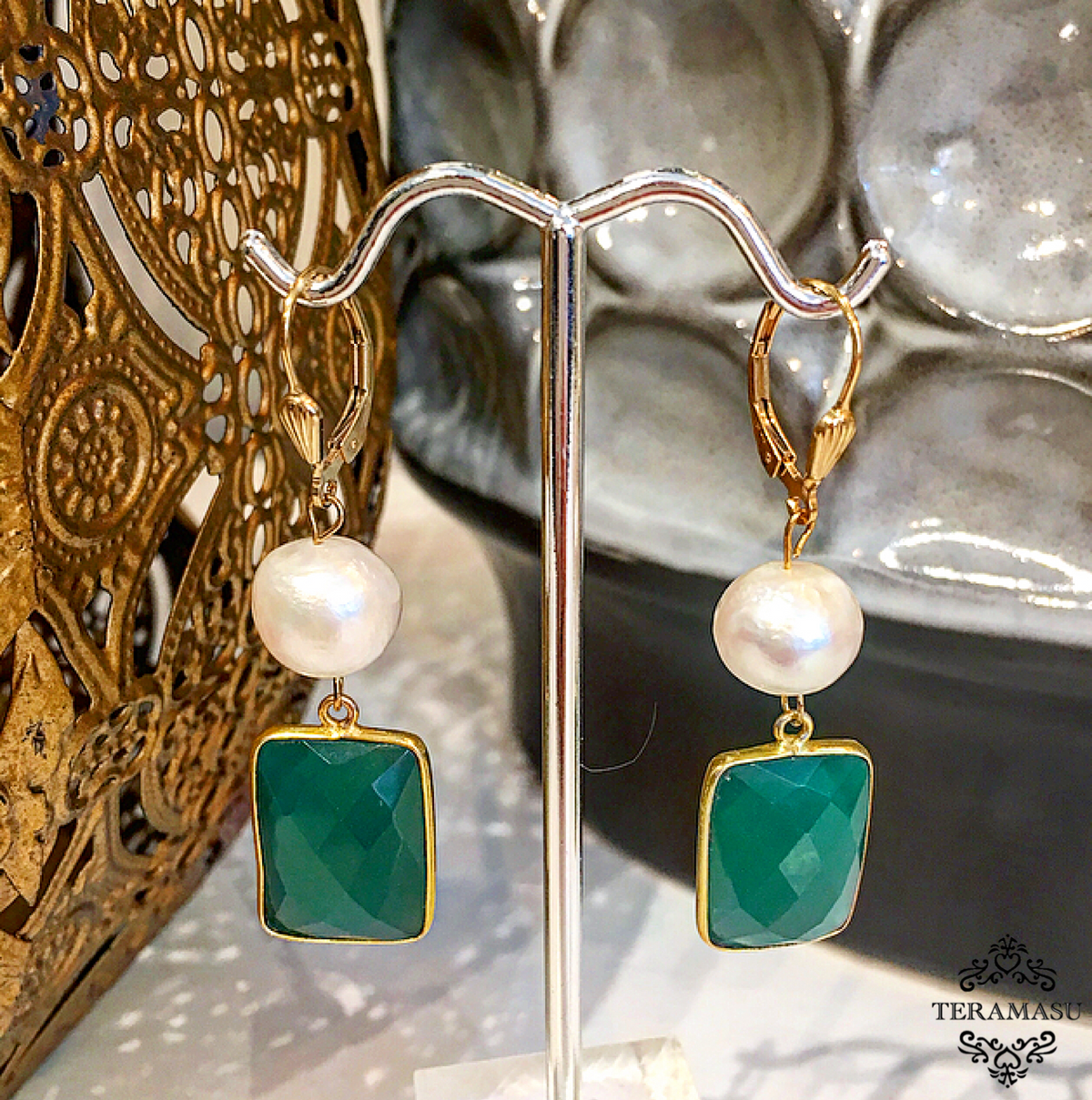 "Want It" Wednesday: Gorgeous & New, Handmade Designer Teramasu Green Onyx and Pearl Leverback Drop Earrings