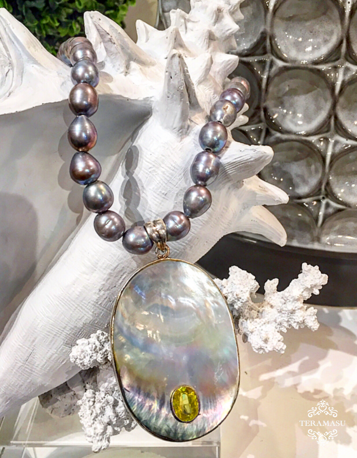 Monday Must-Have: Gorgeous & New Handmade Designer Teramasu Grey Pearl Necklace with One-of-a-Kind Shell & Green Crystal Pendant
