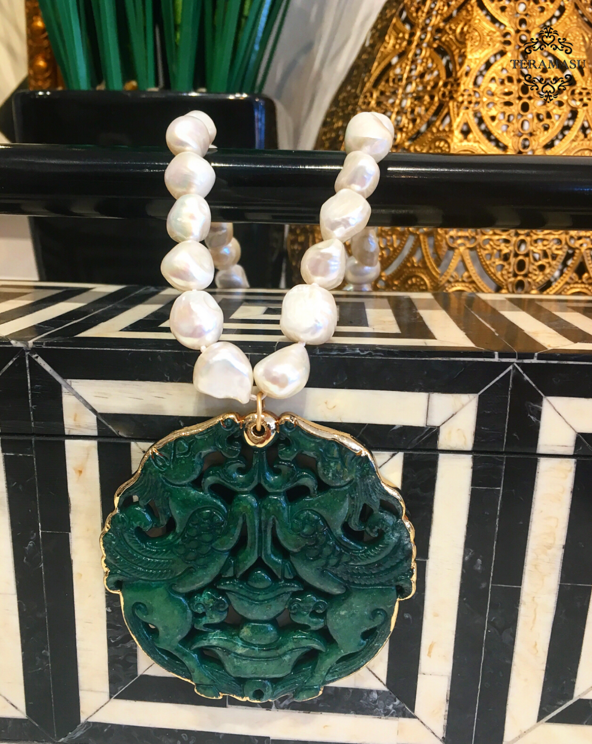 "Want It" Wednesday: Gorgeous & New, Handmade Designer Teramasu Freshwater Pearl on Knotted Silk Necklace with Carved Jade and Gold Trim Pendant