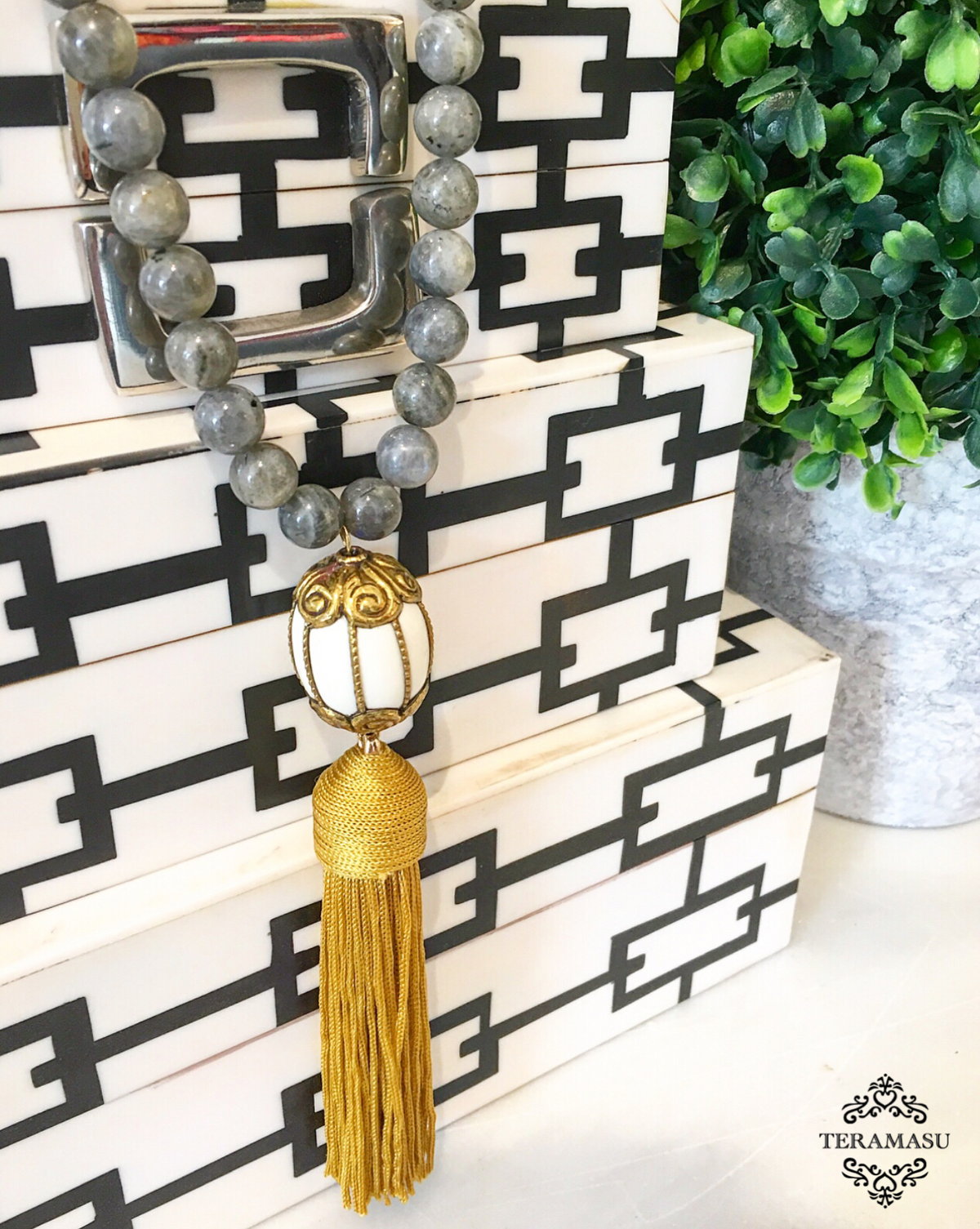 Chic Peek: Gorgeous & New Handmade Designer Teramasu Labradorite Necklace with One-of-a-Kind White & Gold Pendant and Gold Tassel