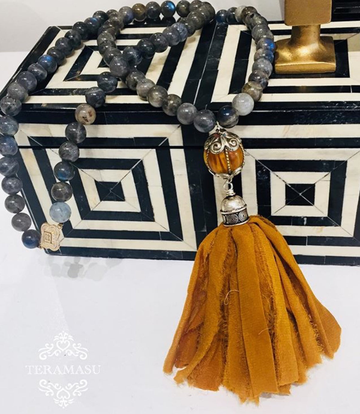 Living Ladylike: Gorgeous & New, Handmade Designer Teramasu Labradorite Necklace with One-of-a-Kind Amber Pendant and Silk Tassel Drop