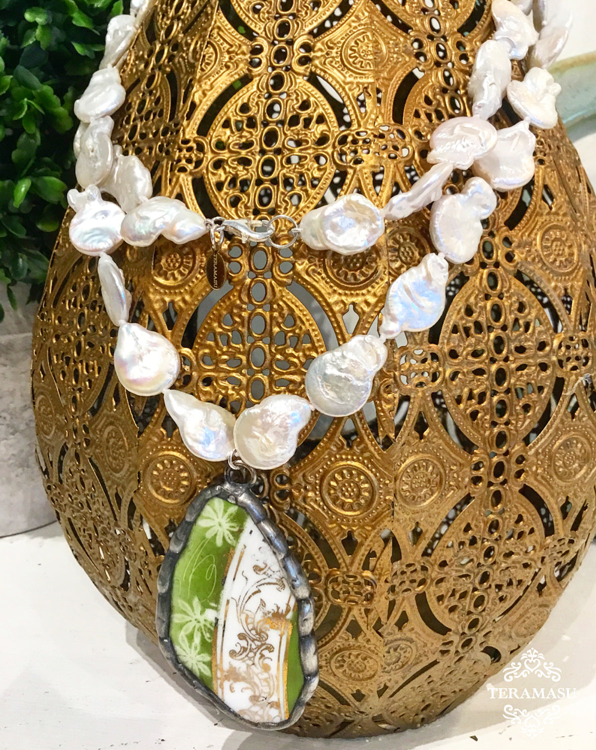 Friday Favorite: Gorgeous & New Teramasu Pearl Necklace with Green, White, & Gold Pottery Pendant