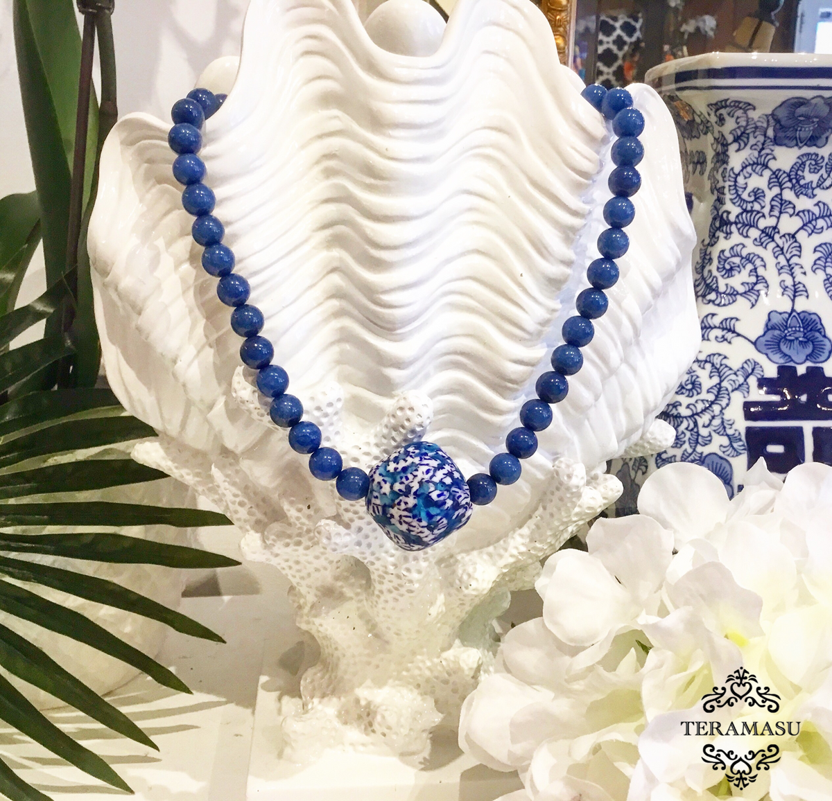 Chic Peek: Handmade Designer Teramasu Sodalite and One-of-a-Kind Hand-painted Tumbled Glass Necklace