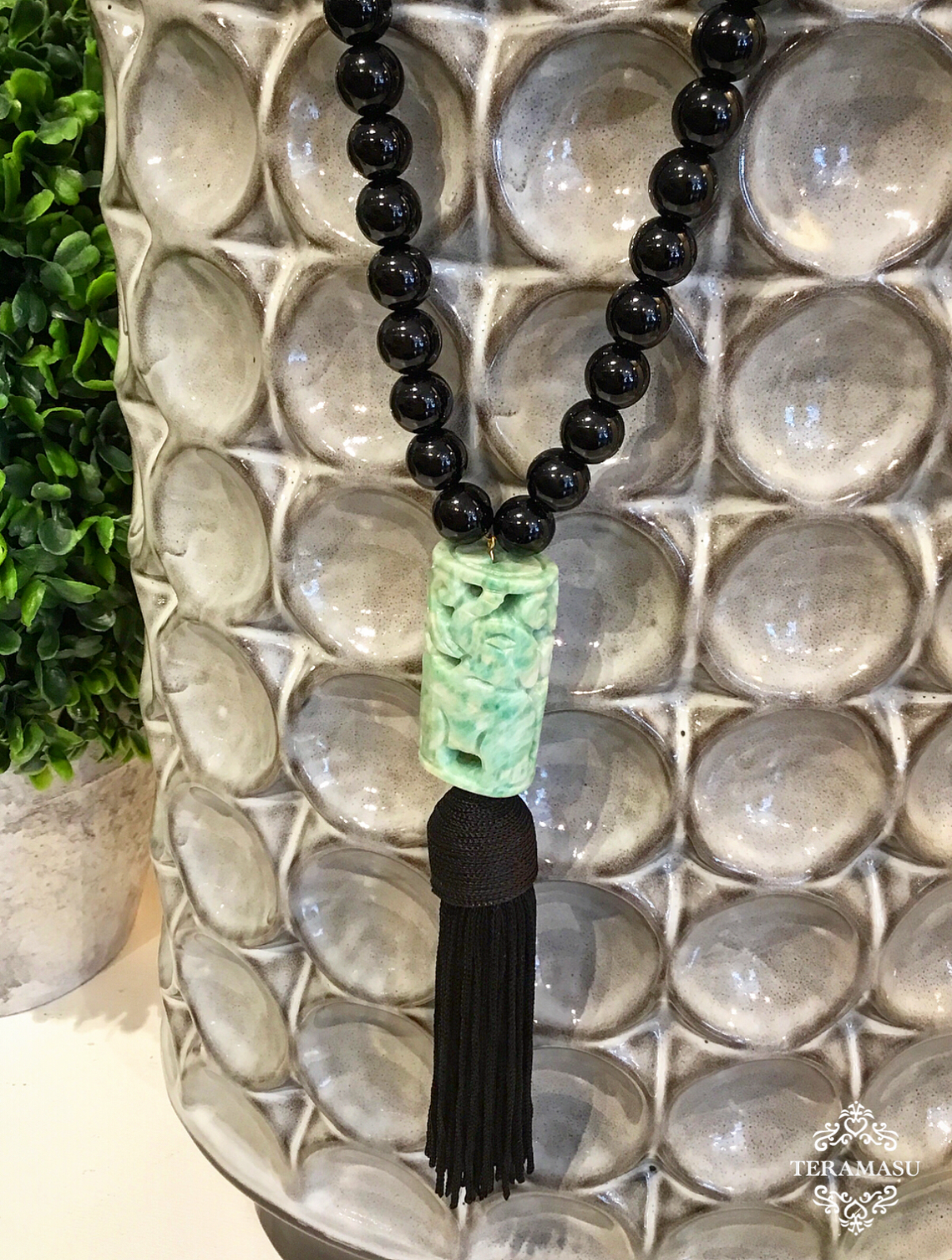 Saturday Stunner: Gorgeous & New Teramasu Black Onyx Necklace with Carved Jade and Black Tassel Pendant