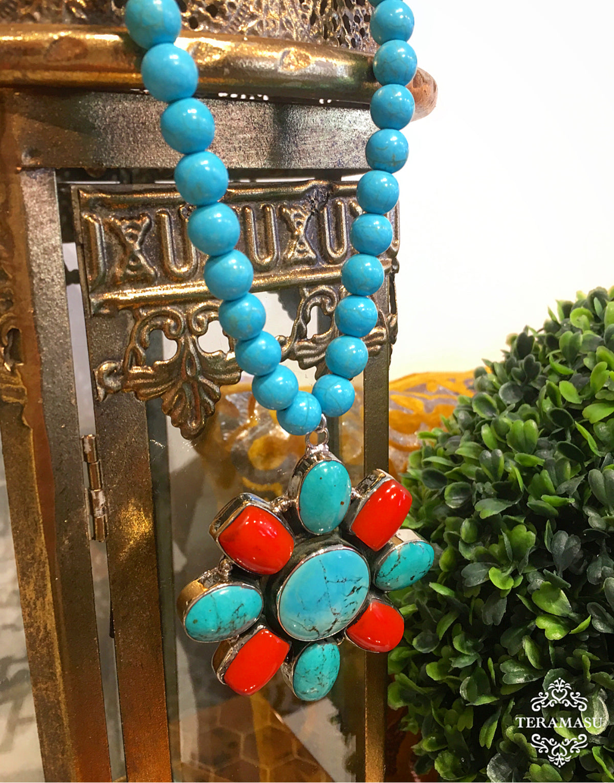Chic Peek: Gorgeous & New, Handmade Designer Teramasu Blue Howlite Necklace with One-of-a-Kind Turquoise Floral Pendant