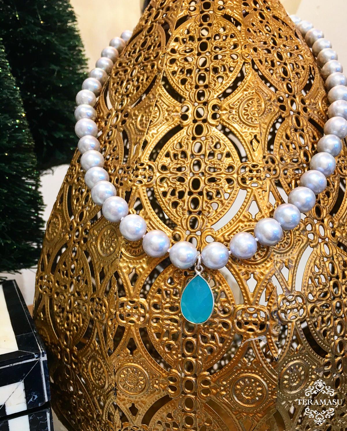 Monday Must-Have: Gorgeous & New, Handmade Designer Teramasu Grey Pearl with Aqua Chalcedony Pendant Necklace