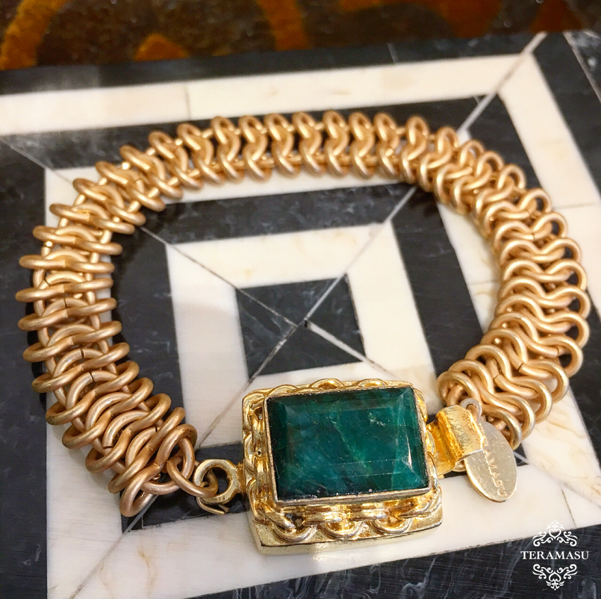 Chic Peek: Gorgeous & New, Handmade Designer Teramasu Gold Chain and One of a Kind Hunter Green Gemstone Box Clasp Bracelet