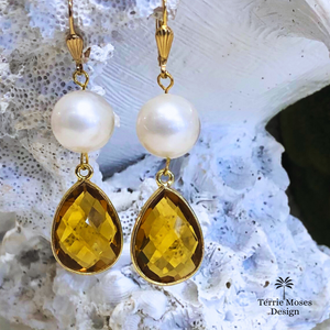 Teramasu Handmade Pearl and Orange Crystal Tear Drop Earrings 14K Gold Filled
