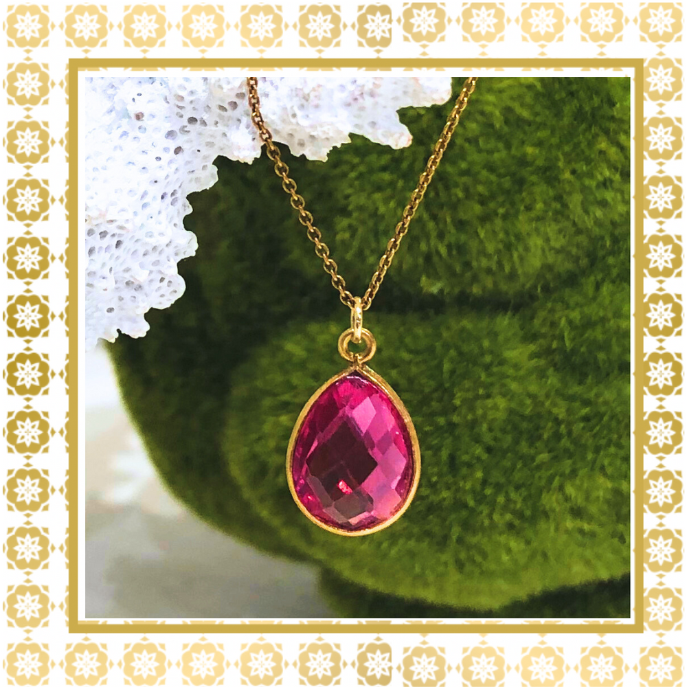 Teramasu 14K Gold Filled Fuchsia Pink Crystal Drop Necklace.