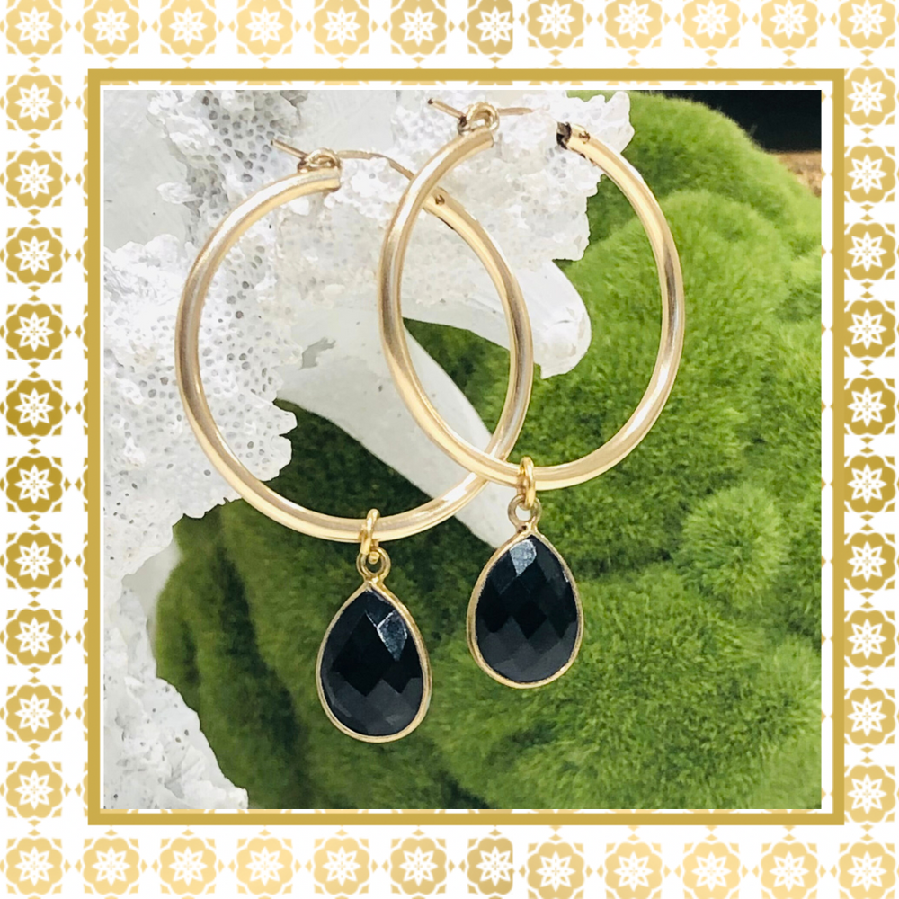 Teramasu 14KGold Filled Hoop Earring Black Onyx Teardrop Dangle