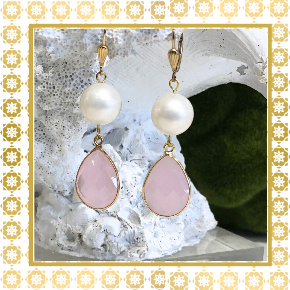 Teramasu Handmade Pearl and Pink Crystal Tear Drop Earrings 14K Gold Filled