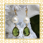Teramasu Handmade Pearl and Olive Green Crystal Tear Drop Earrings 14K Gold Filled