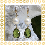 Teramasu Pearl and Olive Green Crystal Tear Drop Earrings 14K Gold Filled