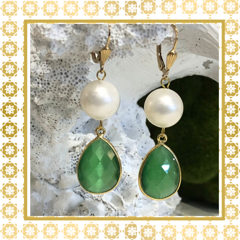 Teramasu Handmade Pearl and Green Crystal Tear Drop Earrings 14K Gold Filled