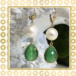 Teramasu Handmade Pearl and Green Crystal Tear Drop Earrings 14K Gold Filled