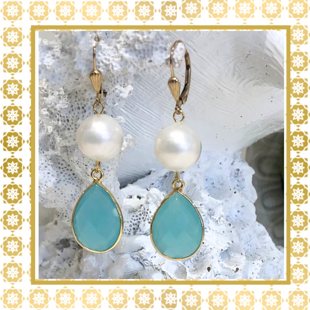 Teramasu Handmade Pearl and Aqua Chalcedony Drop Earrings 14K Gold Filled