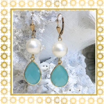 Teramasu Handmade Pearl and Aqua Chalcedony Drop Earrings 14K Gold Filled