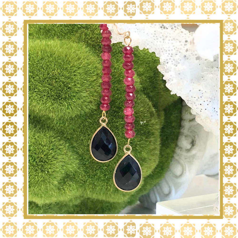 Teramasu Ruby Red Tourmaline Black Onyx Tear Drop Long Earring
