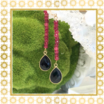 Teramasu Ruby Red Tourmaline Black Onyx Tear Drop Long Earring