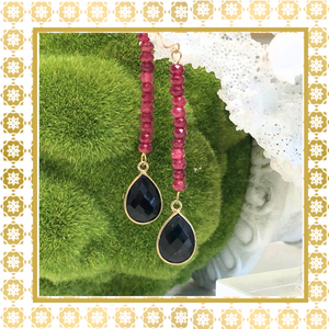 Teramasu Ruby Red Tourmaline Black Onyx Tear Drop Long Earring
