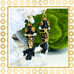 Handmade Koi Fish Black Dangle Earrings