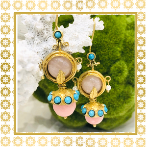 Teramasu Rose Quartz Pearl Gold Design Drop Dangle Earrings