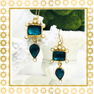 Teramasu Deep Green Crystal Pearl Gold Design Drop Dangle Earrings