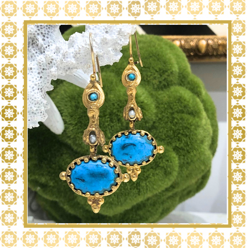 Teramasu Turquoise Pearl Gold Design Drop Dangle Earrings