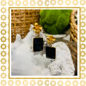 Teramasu Faceted Black Onyx Square Gemstone 14k Gold Vermeil Flower Post Drop Earrings