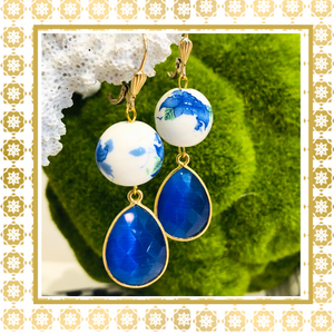 Teramasu Hand-Painted Porcelain Blue Crystal Gold Filled Lever back Gold Drop Earrings