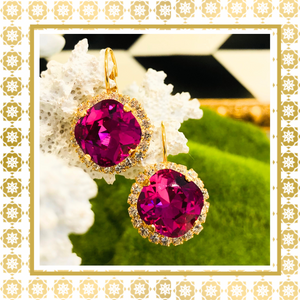Teramasu Fuchsia Pink Crystal Round With Clear Crystal Lever Back Gold Drop Earrings