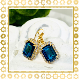 Teramasu Sapphire Blue Square Crystal with Crystal Rhinestones Leverback Gold Drop Earrings